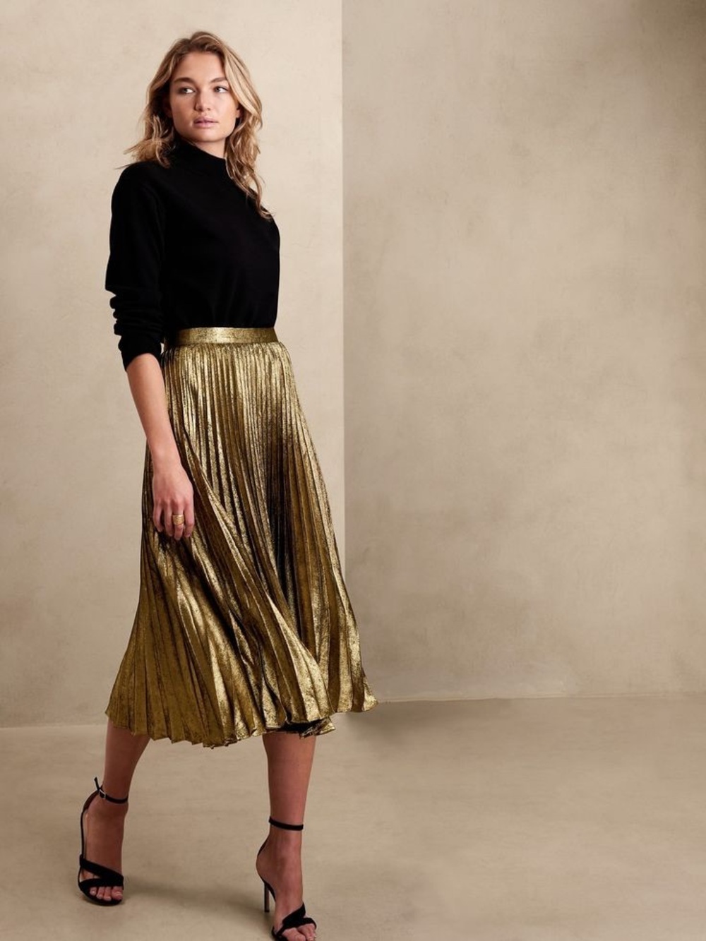 kate spade Metallic Gold Pleated Midi Skirt